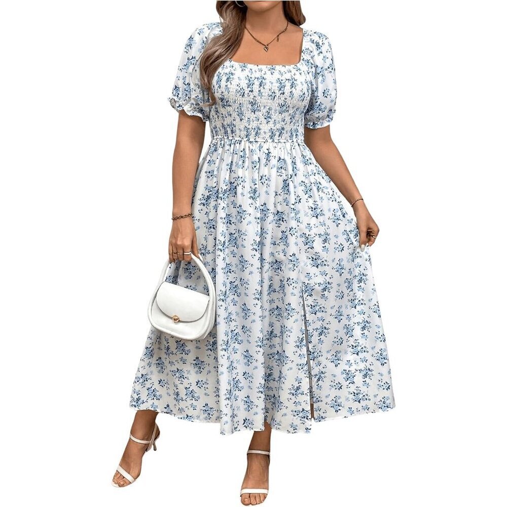 Women's Plus Size Boho Floral Long Dress Polyester Shirred Open Back